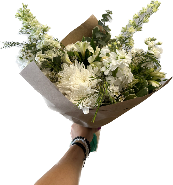 Sweet Sympathy - ThIs beautiful white bouquet includes, lisianthus, wax flower, alstroemeria and much more.  