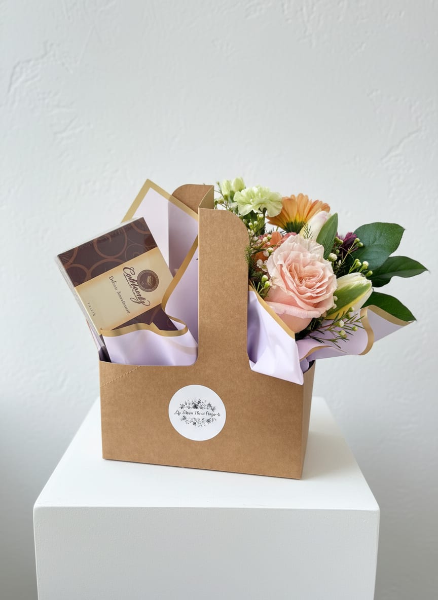 Sweetie Bundle - This arrangement is perfect for an important Woman in your life! Featuring colorful blooms arranged in a vase with a Deluxe assortment of gourmet chocolates 8ct., 4oz. What's better than chocolate and flowers?!   We cannot guarantee the same colors and varieties of flowers pictured, but it will give the same style and feel! Let us know if there are any specific colors or varieties of flowers you have in mind, we will try our best to accommodate!