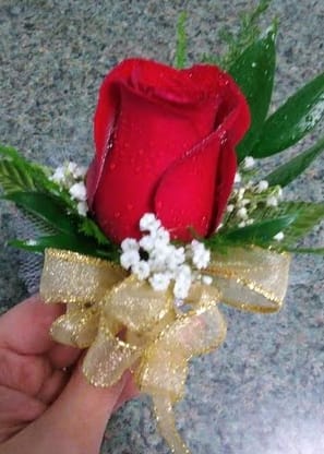 Red rose boutonniere with baby's breath and gold ribbon