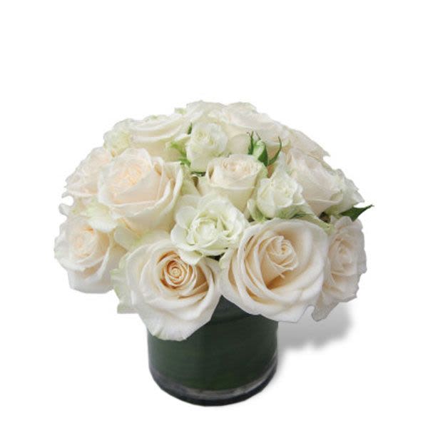 Simple Purity - Cream roses and white spray roses in a leaf lined vase to create a beautiful, elegant pure design
