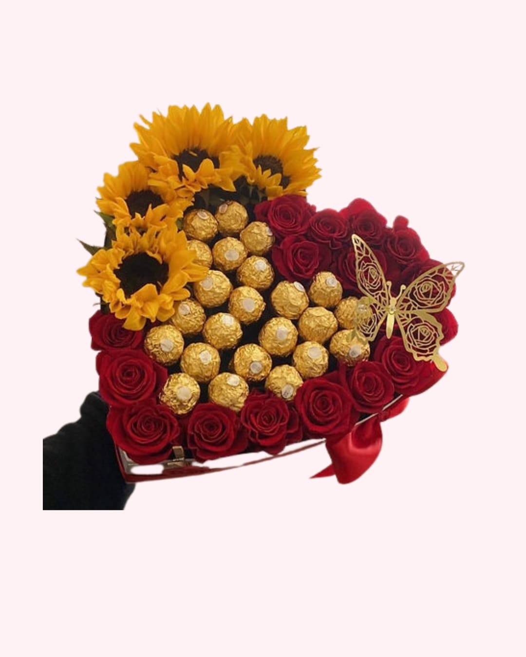 Delighted heart box  - Sunflowers, red roses and chocolate make a lovely gift this valentine day! 