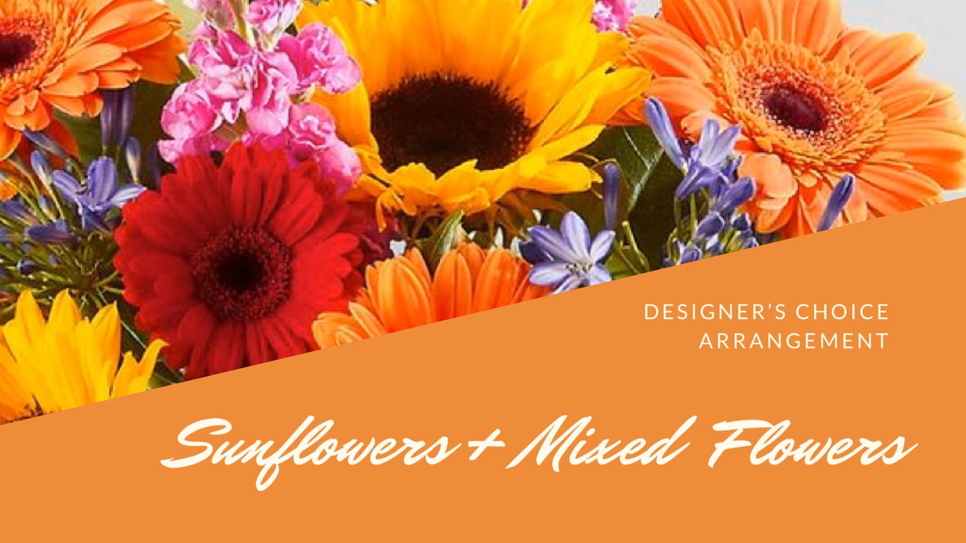 Mixed bouquet with sunflowers, gerbera daisies, and small purple flowers