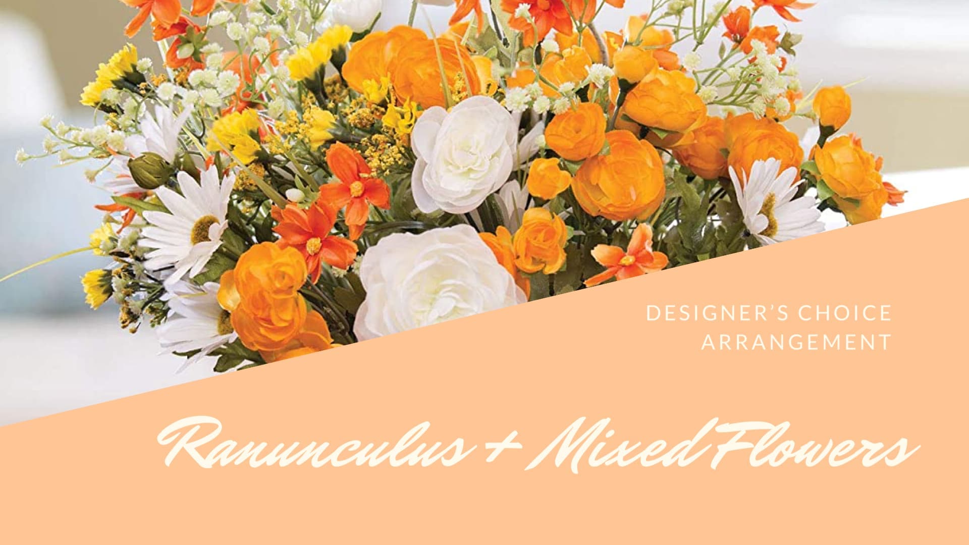 Orange and white mixed flower arrangement with daisies and ranunculus