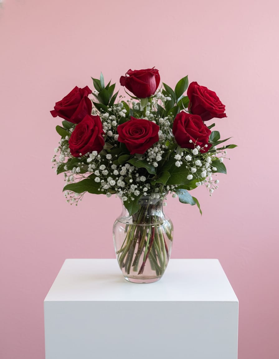 Half Dozen Roses in Vase – Choose Your Color - Six fresh roses in a vase with greenery. Available colors: red, pink, hot pink, white, orange, yellow, and lavender. Please choose your color and add any mix requests (such as Pink &amp; White, Red &amp; White, or Colorful Mix) in the customer notes at checkout and we will create it for you.