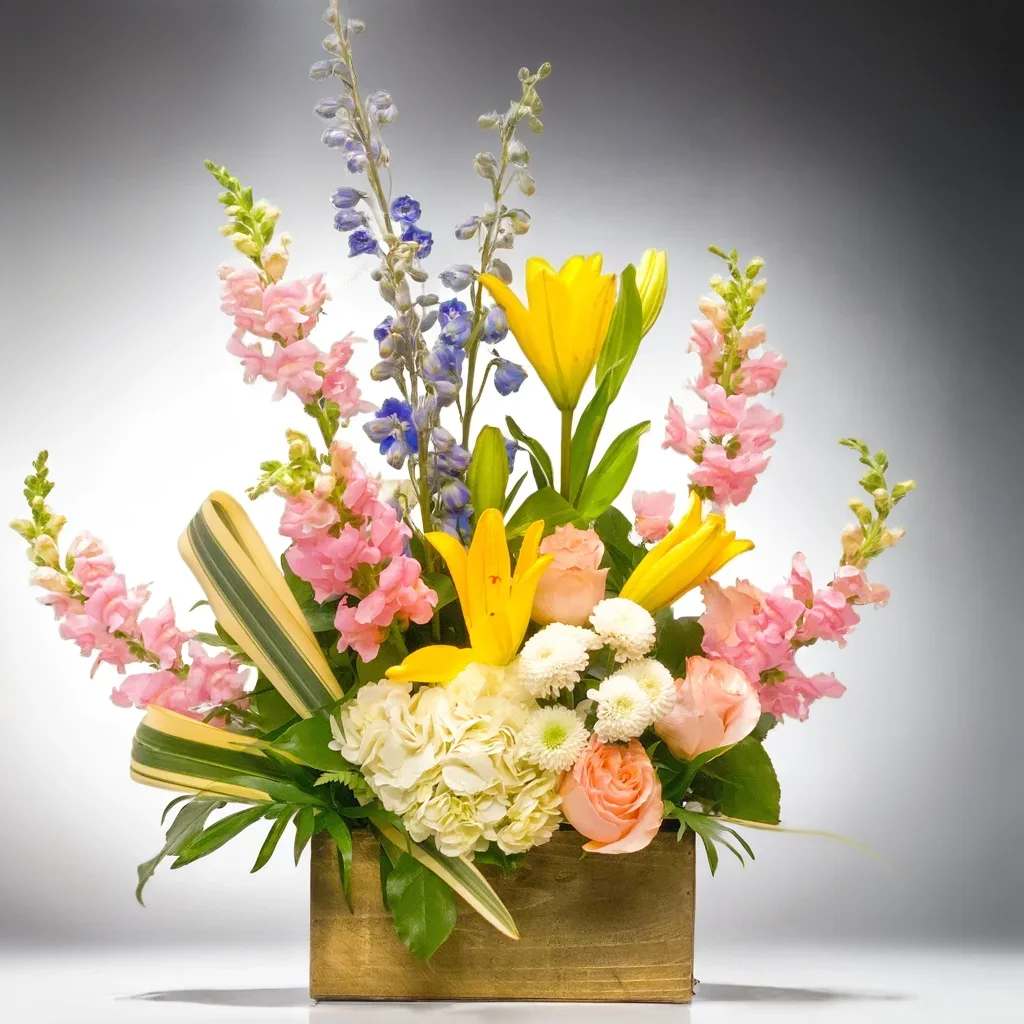 Joyous Blossoms - A Hignight Florist original design, our Joyful Blossoms arrangement is a delightful celebration of color and texture, artfully presented in a charming white wood box. This stunning display features vibrant blue delphinium, symbolizing tranquility and grace, alongside sunny yellow lilies that exude warmth and positivity. The soft white hydrangeas add a touch of elegance, while the playful pink snapdragons bring a sense of whimsy. Peachy pink roses infuse the arrangement with romance and joy, creating a harmonious blend of hues. To enhance its modern appeal, folded flax leaves are thoughtfully incorporated, adding an artistic flair that elevates the overall design. This arrangement is perfect for brightening any space and spreading happiness to all who behold it. 