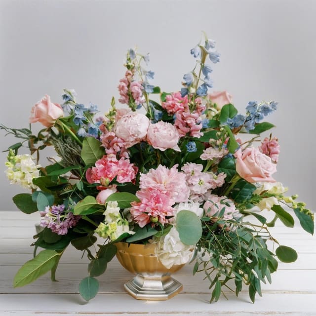 Tranquil Serenity Bouquet - Find solace and comfort in times of loss with our exquisite Tranquil Serenity Bouquet at Hignight Florist in the Quad Cities. This thoughtful bouquet features a delicate blend of snapdragons, eucalyptus, stock, roses, and peonies (when available in season) in soothing shades of lavender, ivory, light blue, and white. Lovingly arranged in a gold painted footed pedestal dish, this elegant display serves as a symbol of peace and serenity. Order now to convey your heartfelt condolences with a touch of grace and beauty.  Local flower delivery to the Quad Cities area is a convenient and timely service offered by our flower shop. We take pride in delivering beautiful floral arrangements to Davenport, Bettendorf, Rock Island, Moline, East Moline, Silvis, Hampton, Colona, Carbon Cliff, Coal Valley, and Milan. Whether you want to surprise a loved one or brighten someone's day, our efficient delivery service ensures your flowers arrive fresh and vibrant. Experience the joy of gifting flowers with our reliable local delivery service in the Quad Cities area.