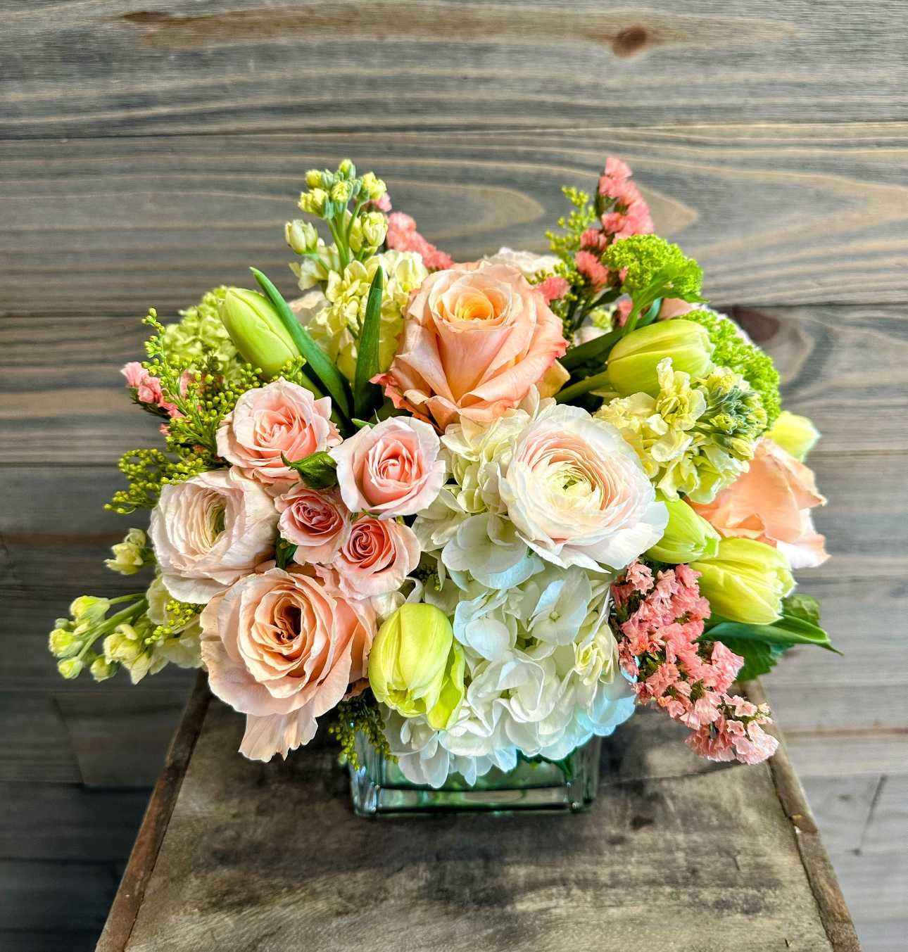 Chardonnay Dreams - A fuller modern design of soft buttery yellow, peach, pink and white spring blooms.
