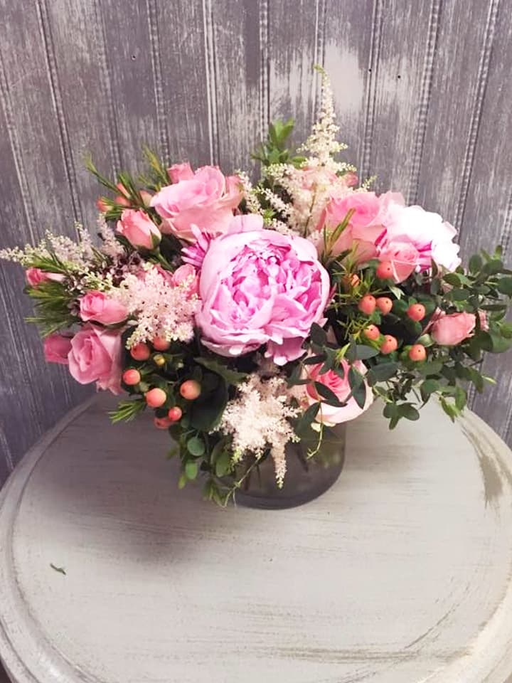 Spring Jimi - Soft bouquet of summer wildflowers, roses, astilbee, spray roses, hypericum and roses in all soft shades of pinks.