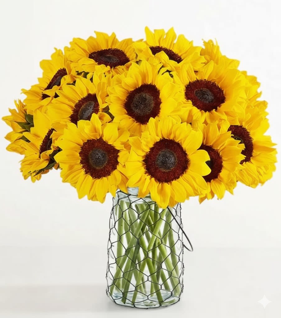 Countryside Sunflowers Flower -  Pet Friendly? Yes Sunflowers are generally considered non-toxic to both cats and dogs. However, eating any plant material can cause mild stomach upset in household pets, so it is best to keep them out of reach of curious nibblers.    Human Allergy Note : Sunflowers are pollen-heavy flowers and may trigger hay fever or contact allergies in sensitive individuals. Keep the arrangement in a well-ventilated area and avoid placing it directly on bedside tables for those with known sensitivities.   Care &amp; Longevity : To keep these sunnies bright, trim the stems at an angle every two days and place them in a clean vase with fresh, room-temperature water. Sunflowers are heavy drinkers, so check the water level daily. Keep the jar away from direct heat vents or intense afternoon sun to prevent premature wilting, and remove any fading leaves that fall below the waterline.   Best Occasions &amp; Situations :  - Cheerful birthday surprise  - Get well soon gesture  - Rustic housewarming gift  - Graduation celebration ️ - Summer dinner party  - Autumnal “thank you”  - Just because/Thinking of you  Why Customers Love It : - Vibrant color balance between the golden petals and dark centers. - Gift-ready presentation in a unique, textured wire-wrapped jar. - Rustic farmhouse charm that complements modern or traditional decor. - High-impact density that makes a bold statement on any table.