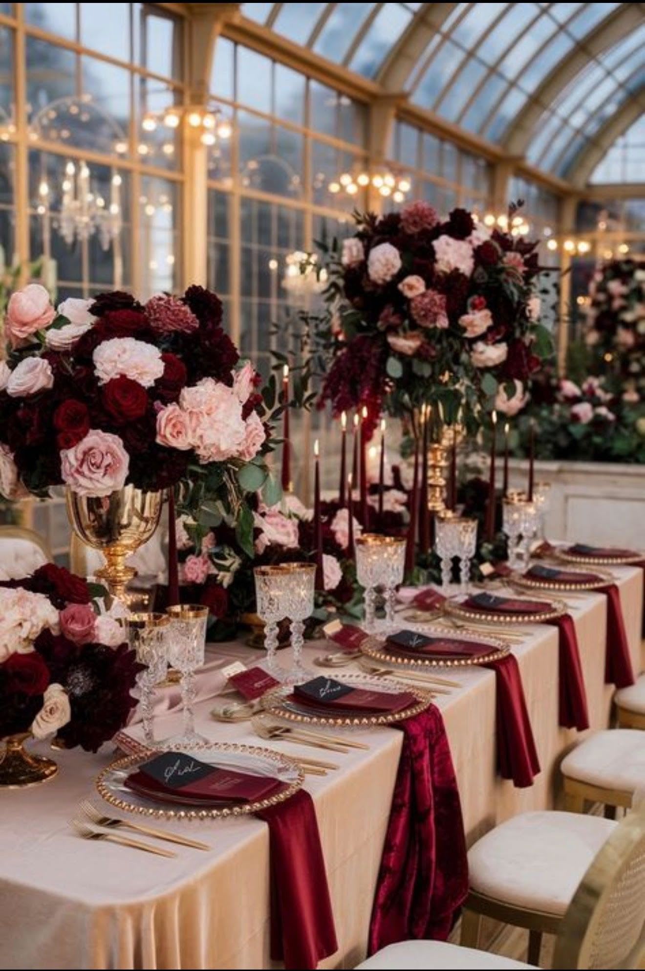 Country Young Event   - Tall Arrangement with Burgundy, Plush Pink, Deep Blue Hdy, Green Belles  Magnola Leaves 