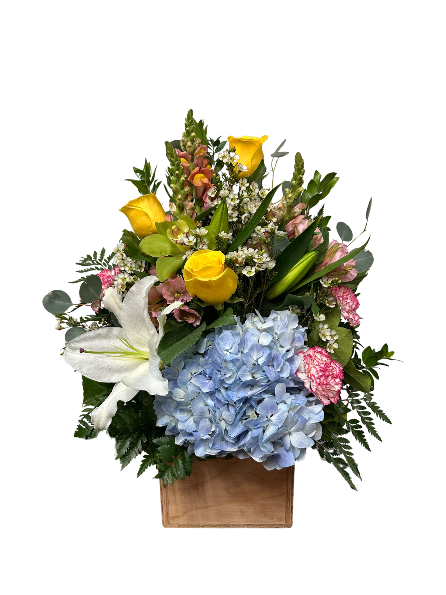 Wooden Garden Designers Mix  - Our popular wooden garden box with the freshest mix! This design with a modern twist will surly make anyone happy. Perfect for any occasion!  Note: Designers Mix Arrangements are not specific. Our colorful mix arrangements are DESIGNERS CHOICE. Meaning the flower WILL be different from photo showed and the colors as well. Each box is to their own.  In the special instructions box let us know the occasion and we’ll try our best to accommodate.  Guarantee a beautiful arrangement  