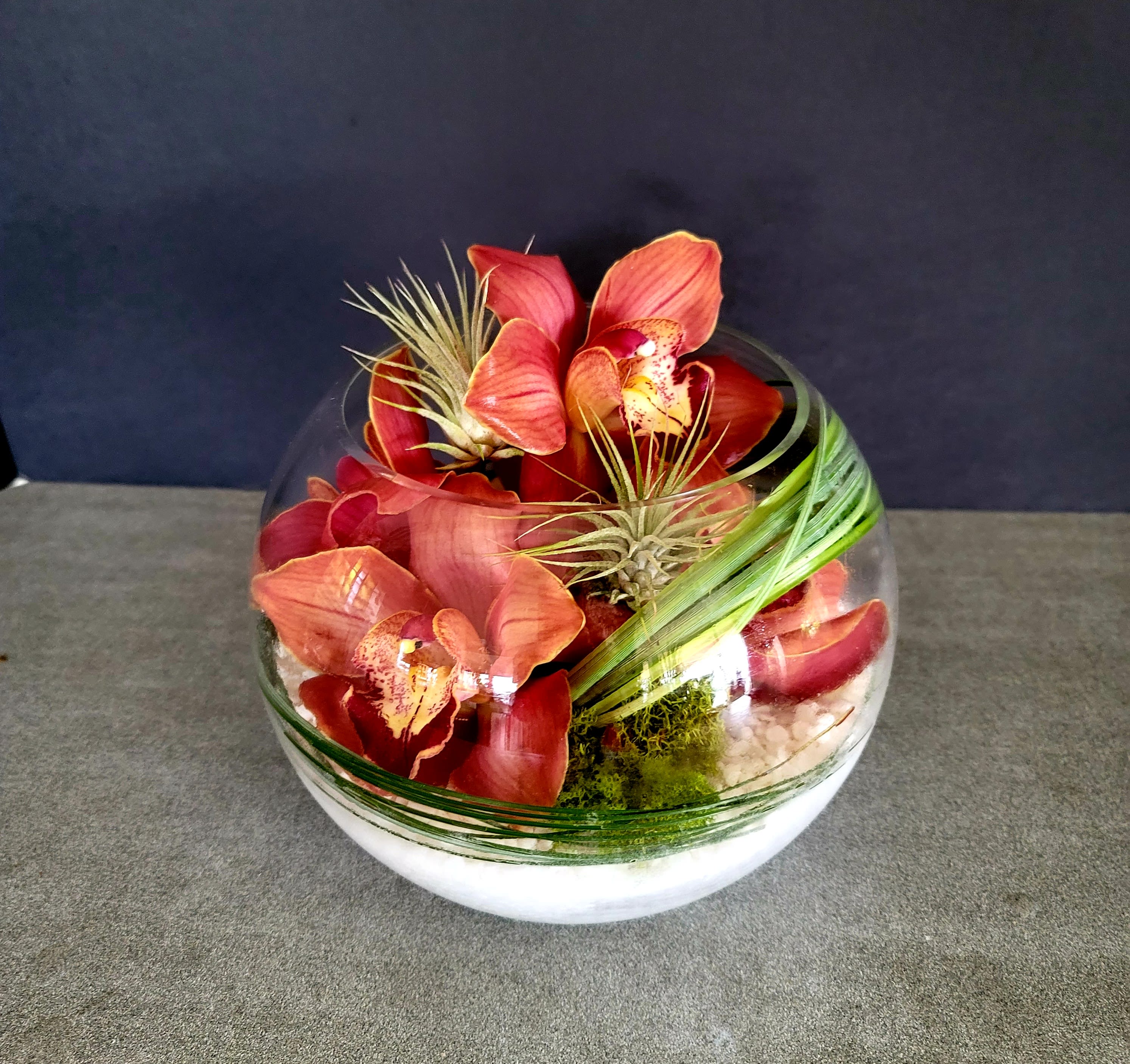Round glass bowl with red orchids and air plants