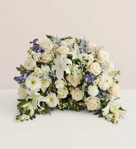 Crescent Cremation - blue &amp; white -  Pet Friendly? No This arrangement contains Lilies, which are highly toxic to cats even in small amounts (including the pollen). It also includes Chrysanthemums (Mums) and Hydrangea, which can cause distress to household pets if ingested. Keep this tribute elevated and away from curious animals.   Human Allergy Note : This arrangement contains pollen-heavy Lilies and Mums. We recommend gently snipping the yellow pollen anthers from the center of the lilies as they open to prevent sneezing and fabric staining.   Care &amp; Longevity : Since these flowers are gathered in a foam base, check the water level daily by touching the foam; if it feels dry, gently pour water into the center of the tray. Keep the arrangement in a cool spot away from direct sunlight, heating vents, or drafts to help the Blue Delphinium and Roses last longer.   Best Occasions &amp; Situations : - Funeral or Memorial Service - Celebration of Life - Church Altar Tribute - Graveside Commemoration - Home Memorial Display - Sympathy Gesture for a Grieving Family   Why Customers Love It : - Sophisticated Color Palette: The blue and white theme offers a timeless, dignified look. - Functional Design: Specifically shaped to frame an urn without hiding it. - Lush Volume: Uses a high flower count to create a dense, premium appearance. - Peaceful Symbolism: Every flower chosen represents peace, purity, and remembrance.