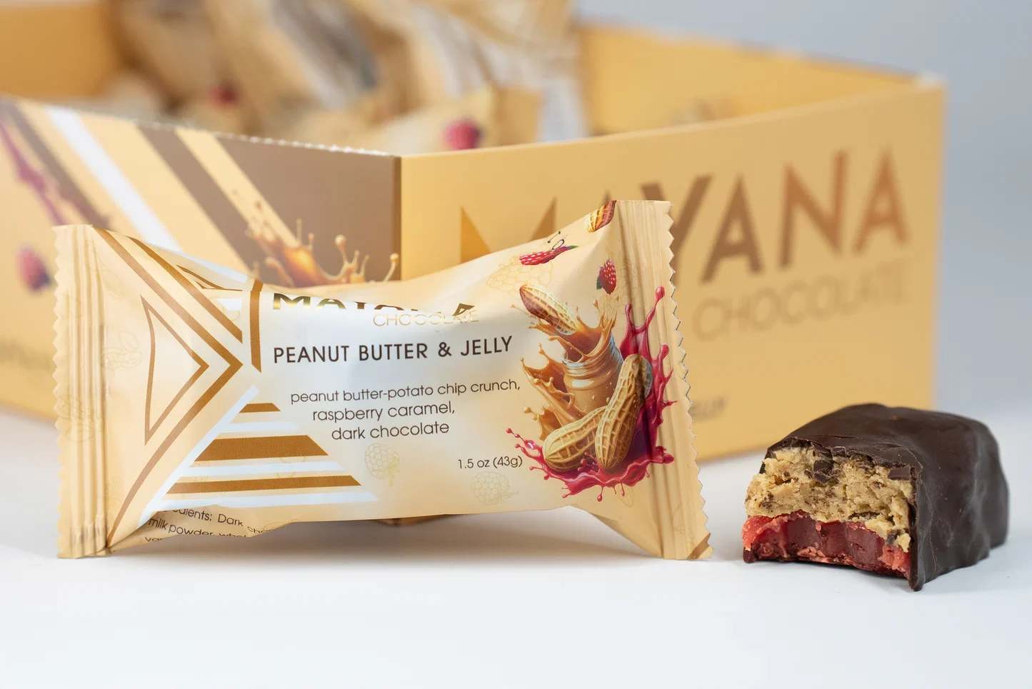 Mayana Peanut Butter &amp; Jelly Bar - Description The iconic PBJ combination is represented in layers of peanut butter crunch and delectable raspberry caramel. A must try!  Contains: Milk , peanuts &amp; soy.  May contain: Traces of tree nuts, eggs, and wheat.  Weight 1.5 oz (40g)
