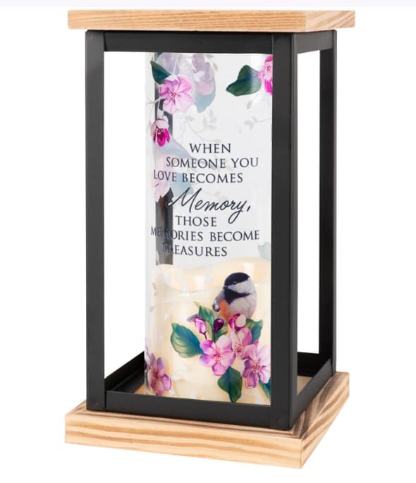 Carson Framed Cylinder Lantern - Carson Framed Cylinder Lantern. This indoor decorative lantern features a beautifully illustrated glass cylinder adorned with birds and florals, and the heartfelt sentiment.  When someone you love becomes a Memory, those memories become treasures. 4.75 x 4.75 x 8.5