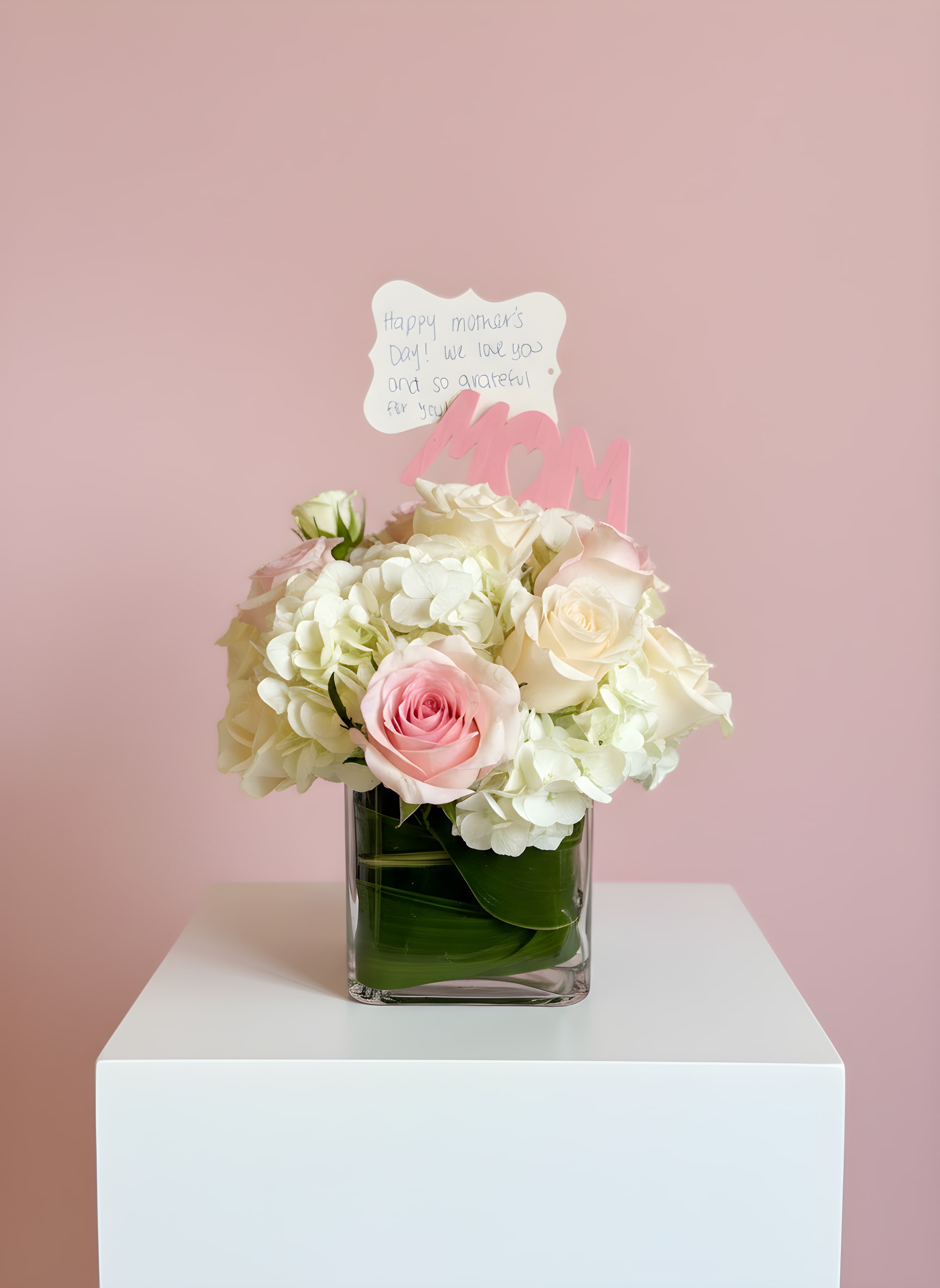 Sweetest Love  - Blush roses and white hydrangeas designed in a modern cube vase with a soft luxury touch.