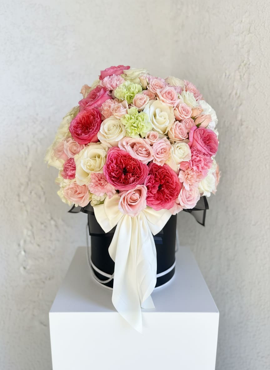 Rose Romance - A lush pink and ivory hat box arrangement designed with soft romantic textures and ribbon details.