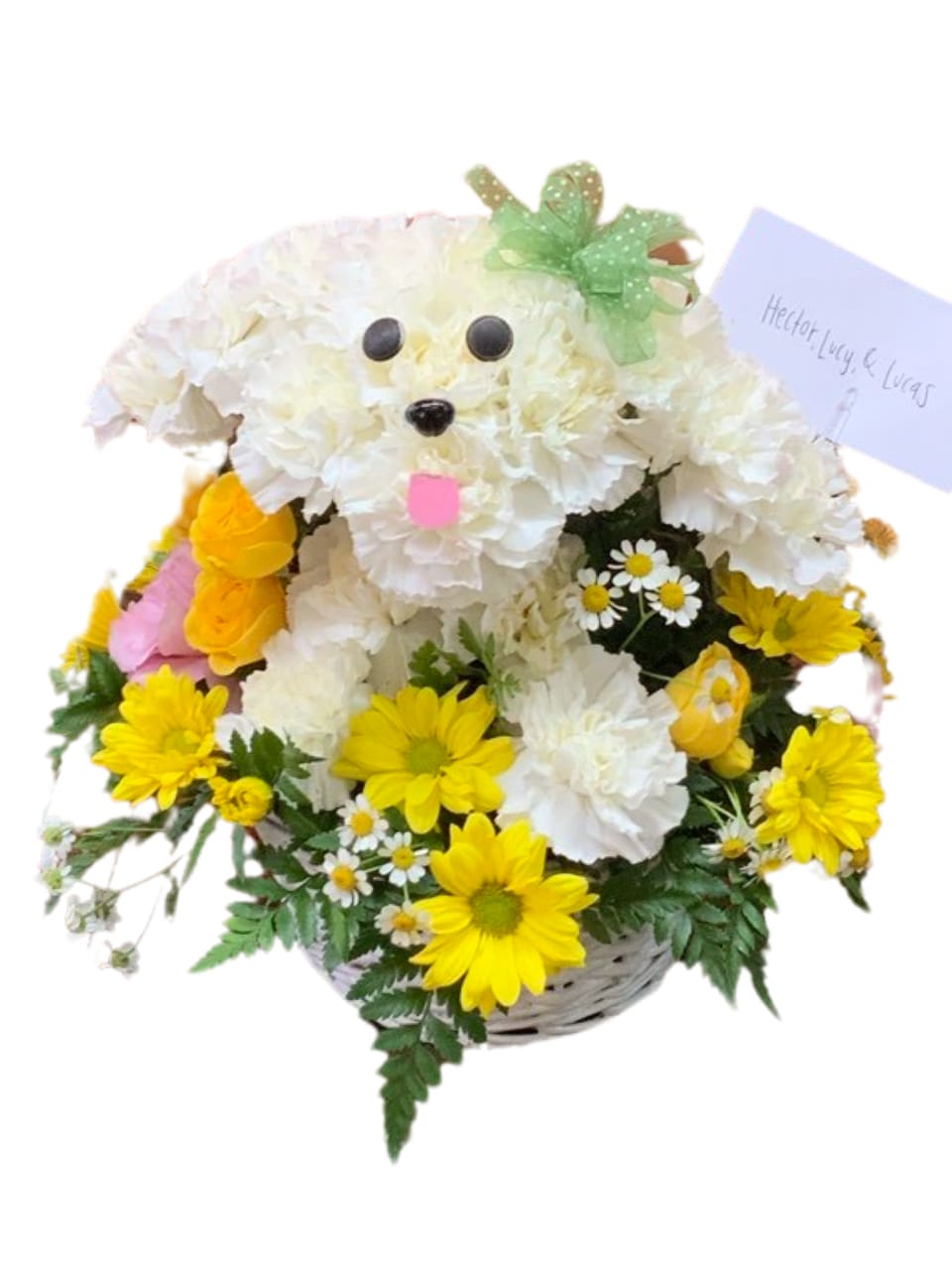 Precious Poodle - No one can resist the perky playfulness of this mum-and-pompon poodle in a basket. For dog-lovers everywhere!                                                Flower delivery montebello ,Whittier,Pasadena,Downey,Pico Rivera,la habra,downtown ,los angles 