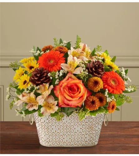 Autumn Sunrise Bouquet  - Experience the rich beauty of an autumn sunrise with our abundant bouquet. A colorful mix of blooms in orange yellow and bronze is gathered by hand in our elegant cachepot, bringing stunning harvest style to any space.
