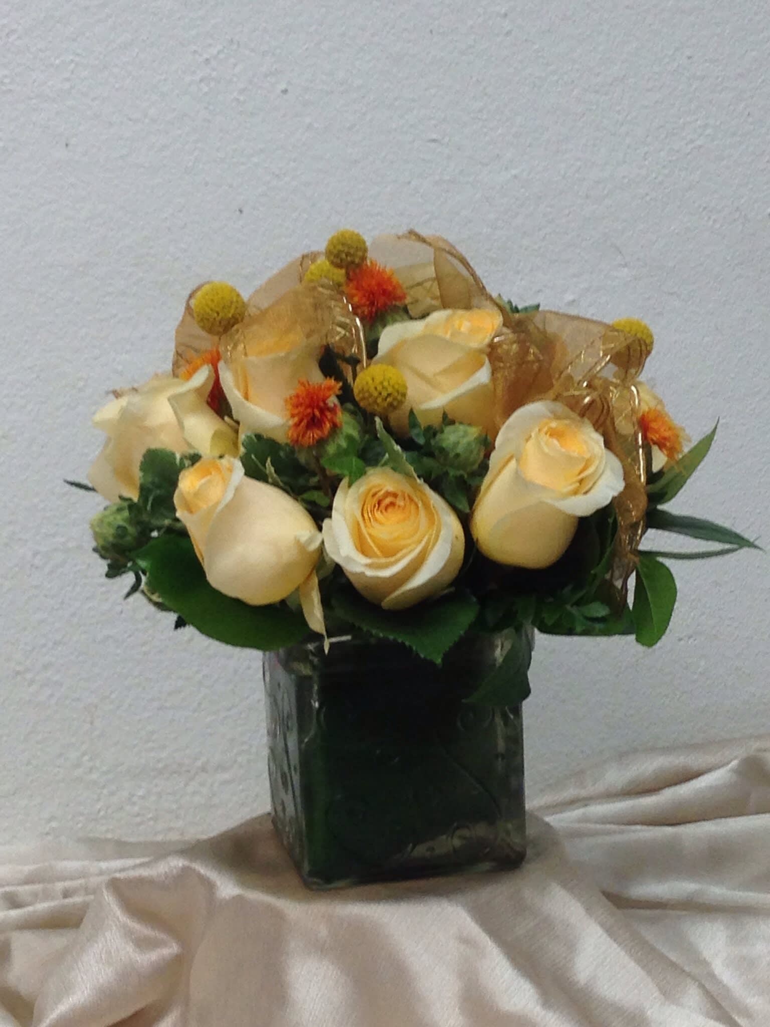 morning mist  - ivory long stem roses in a clear glass cube 