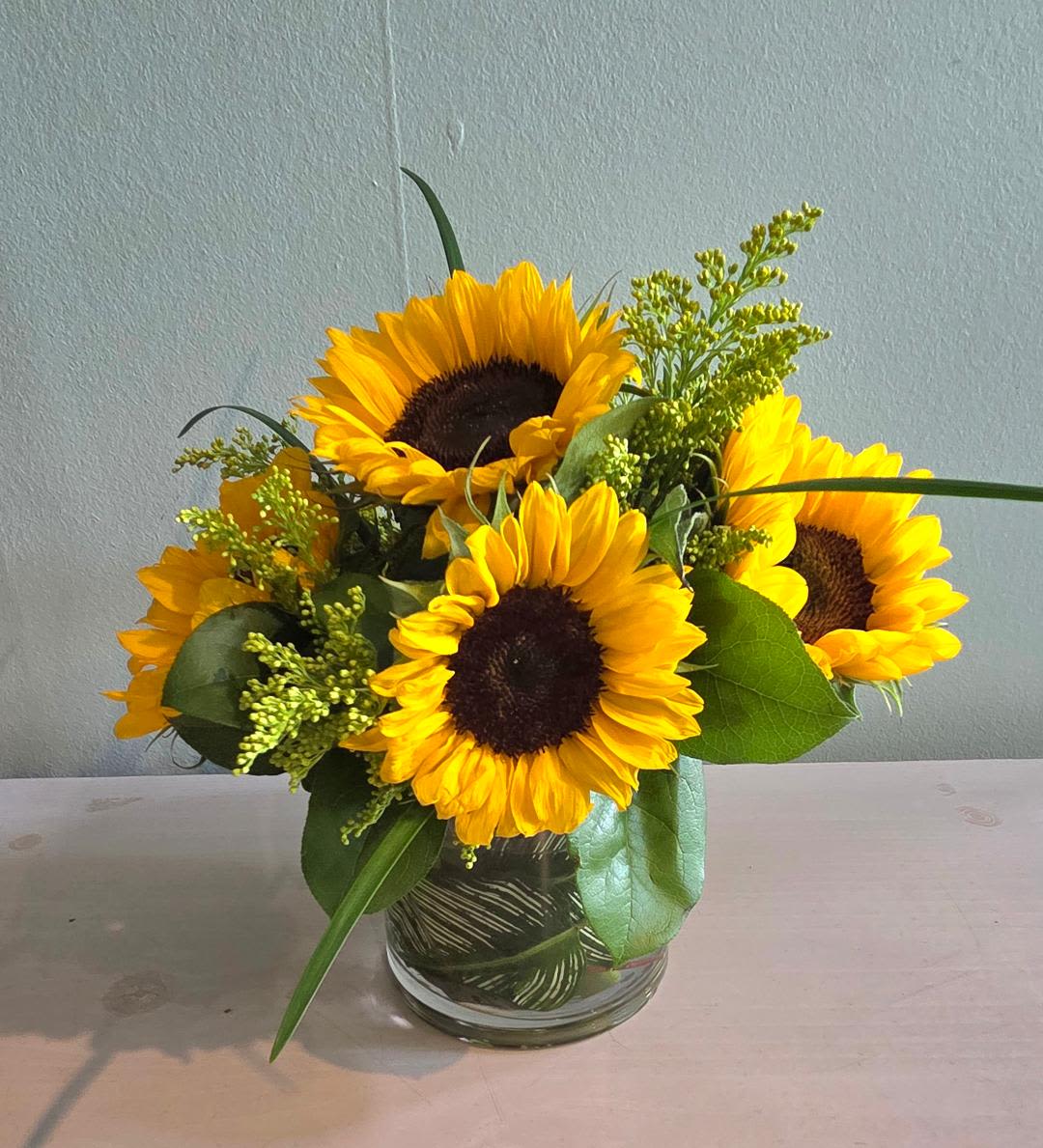 Sunny Daze - Give the gift of pure sunshine - five perfectly brilliant yellow sunflowers, arranged in a modern glass cube vase that's lined with glossy green leaves. It's a gift that's as good as gold  Approximately 7" (W) x 8" (H)