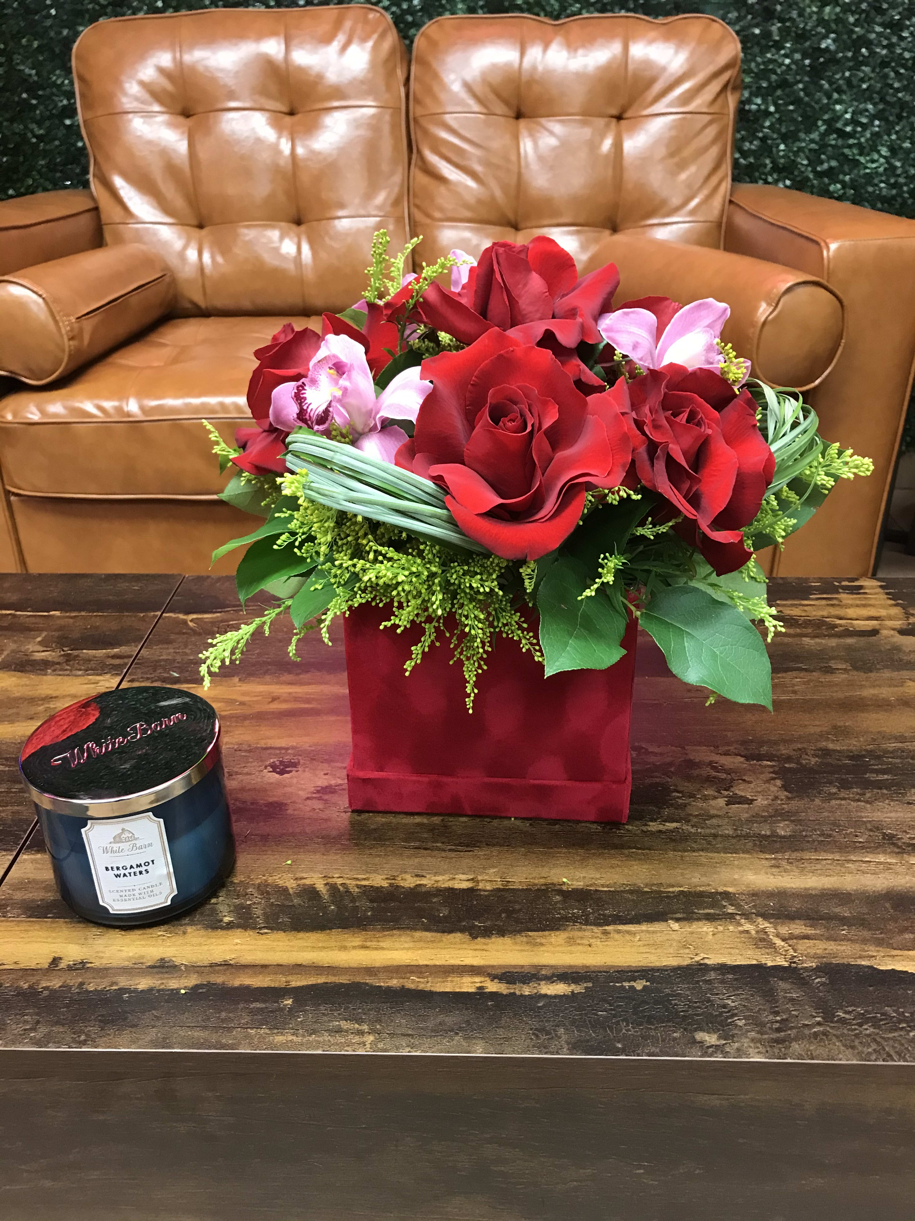 Ruby Velvet Box - Red roses and orchids in a velvet hat box