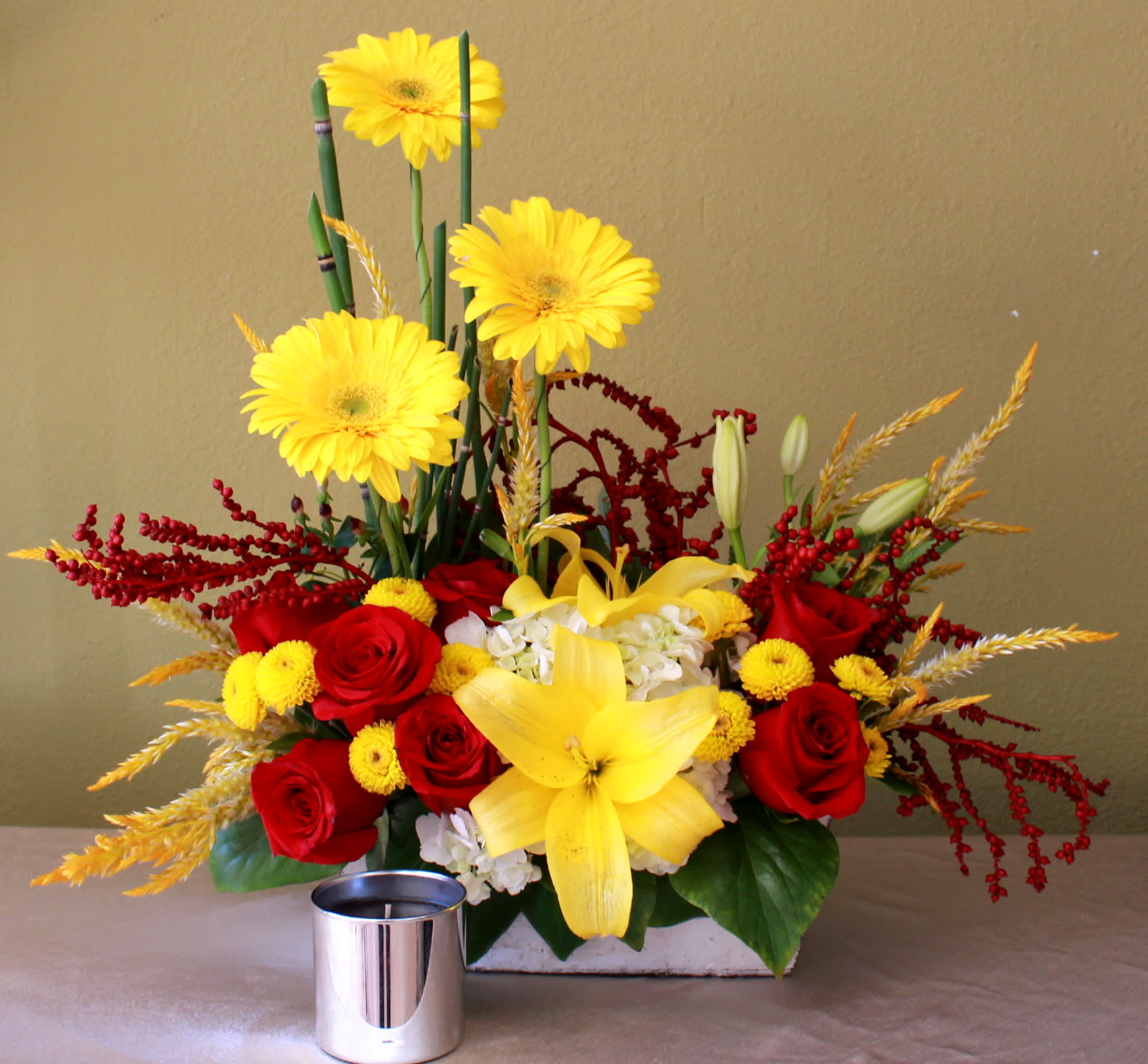 Gerbera inspiration  - Yellow gerberas, red roses, yellow lily's, white hydrangeas