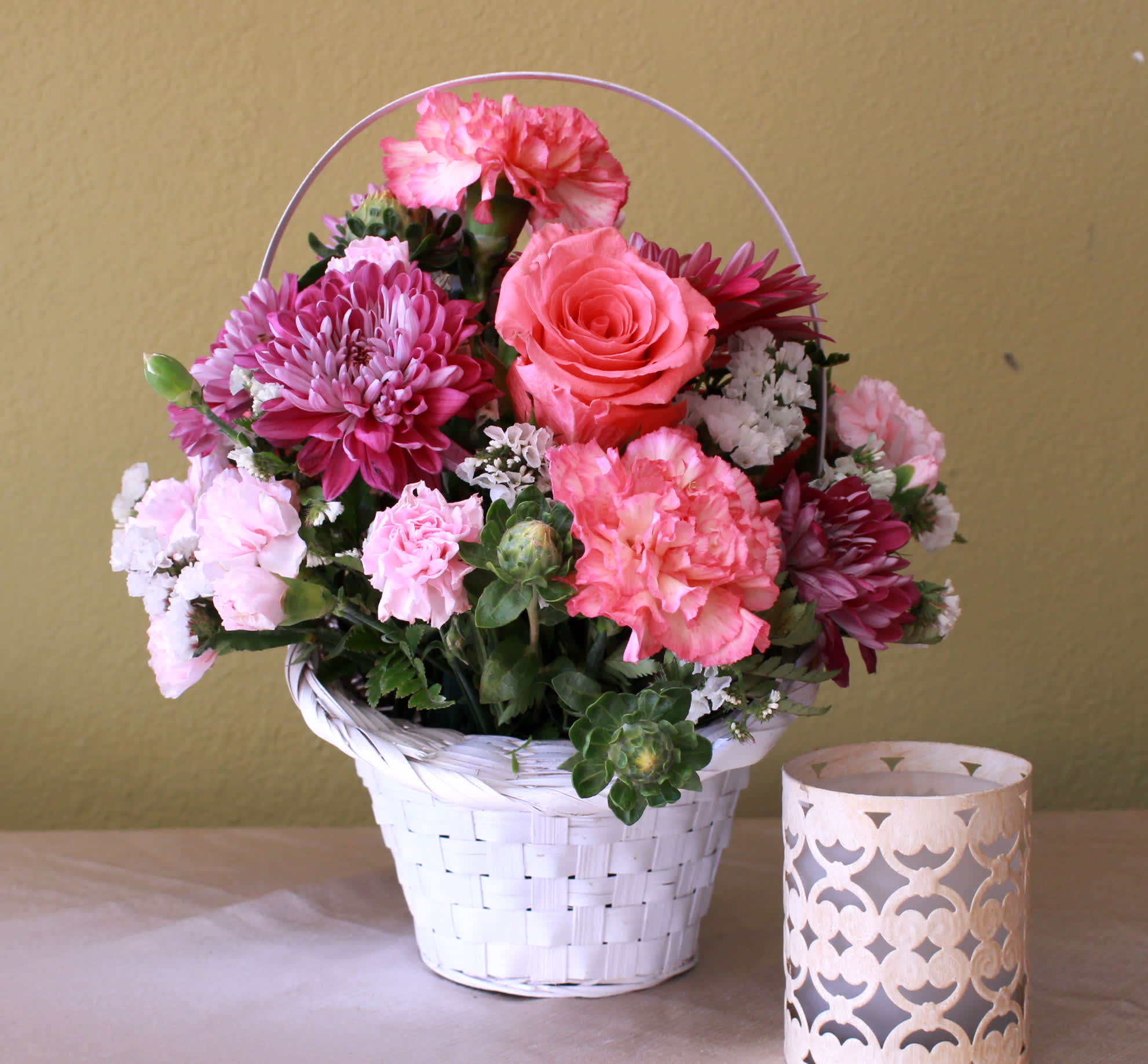 princess basket  - white princess basket with pink roses, pink carnations, white statice, lavender mums  and mini pink carnations 