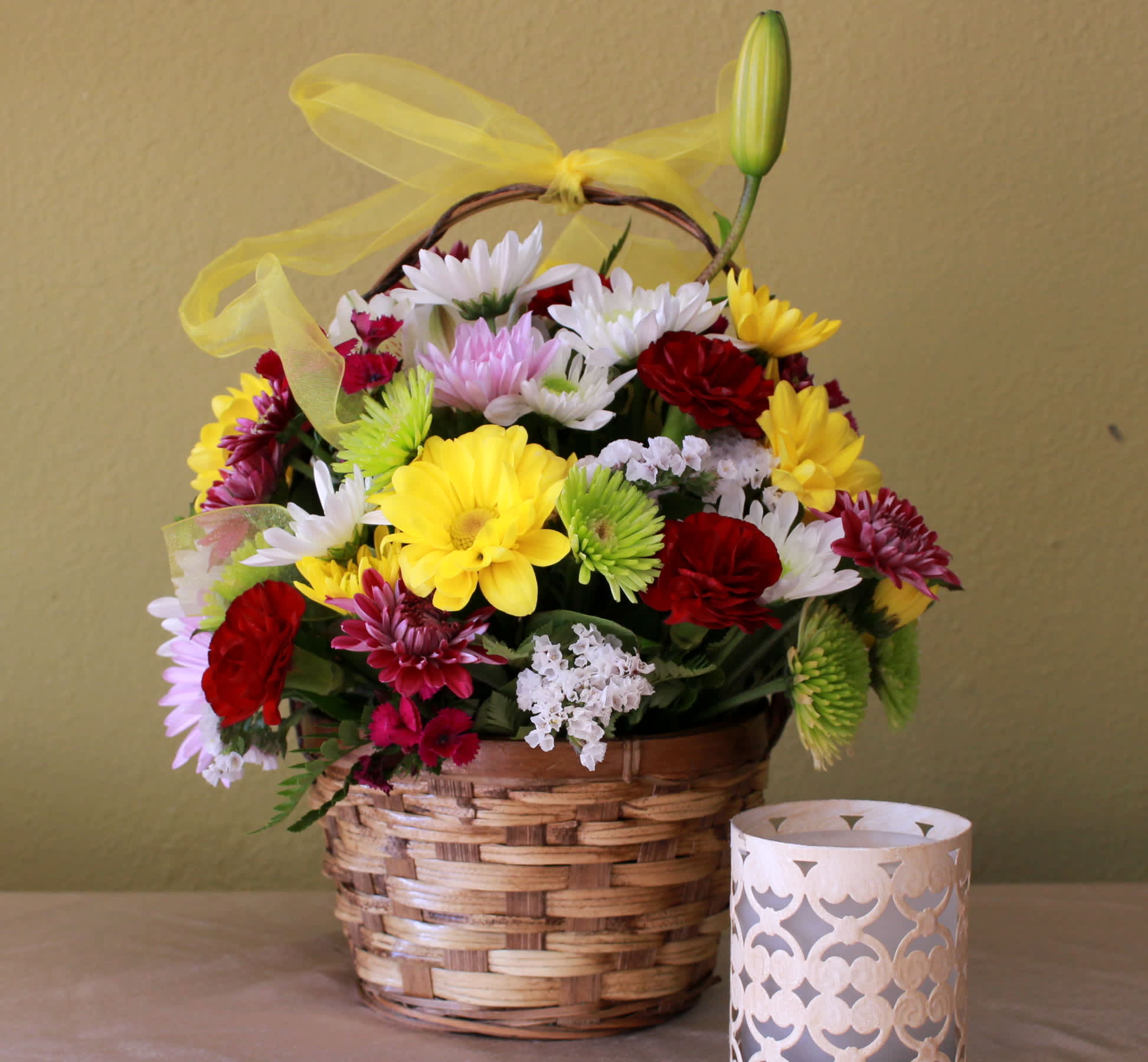 best wish basket  - White and yellow  daisy mums, green buttons mums in a brown basket  