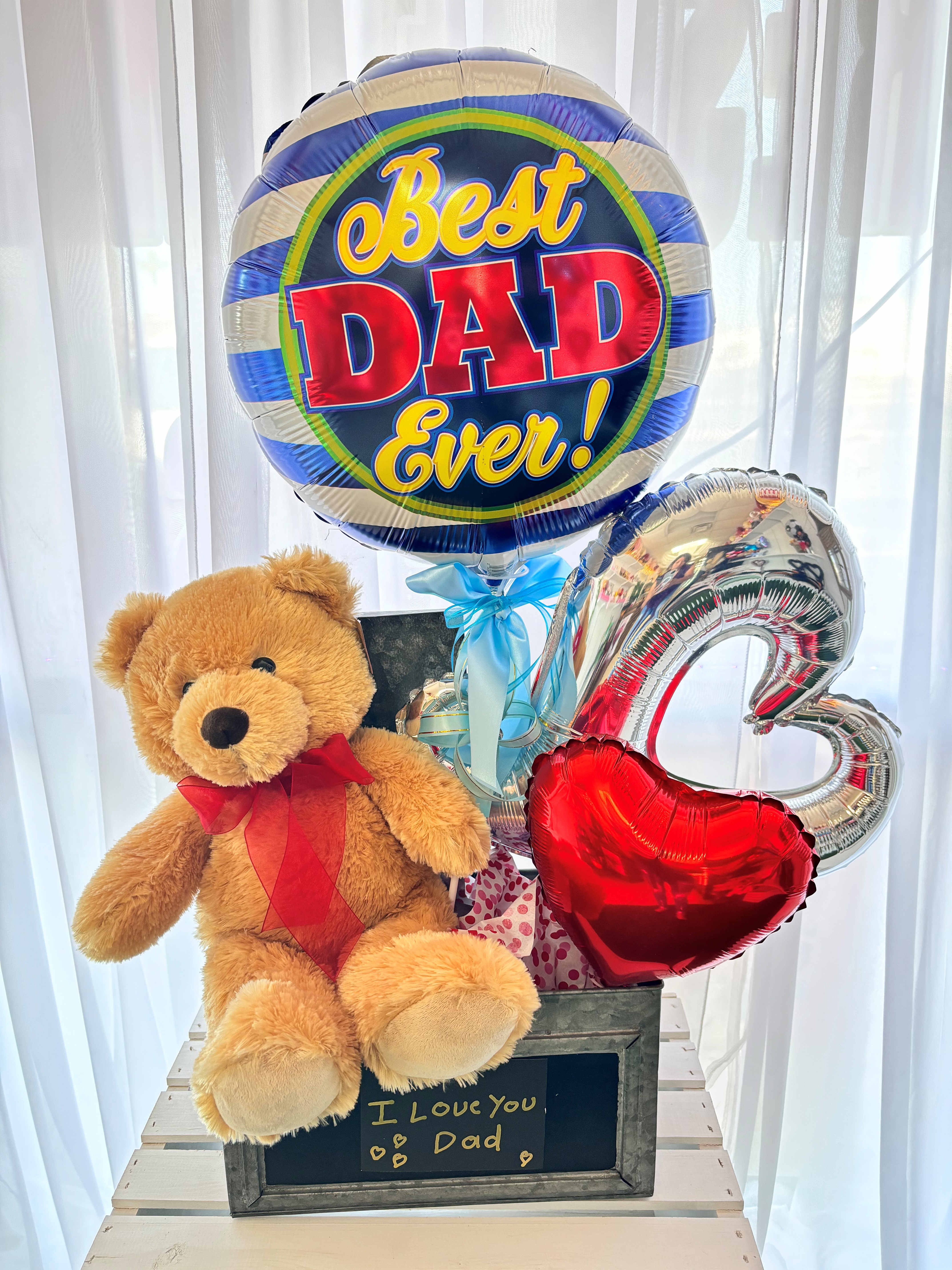 Best Dad Bouquet - Stuffed animal, ballons and candy.