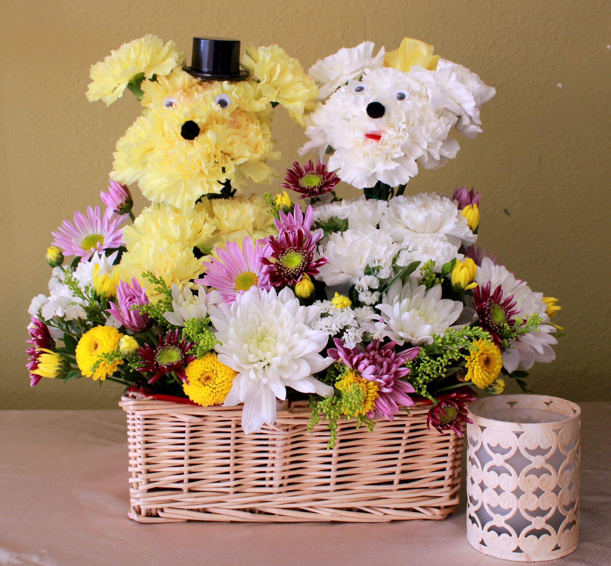 puppy love 4 two  - two puddles made with carnations sitting on a basket garden of daisies and fillers  