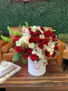 Romantic Love - high end mix of red and white flowers in  just for you hat box . .