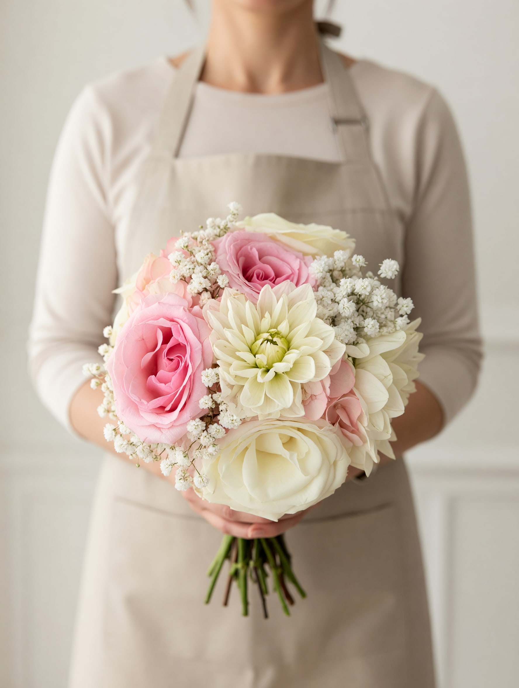 Blush Bloom Bouquet - A soft hand tied bouquet featuring blush and ivory blooms with a romantic garden style.