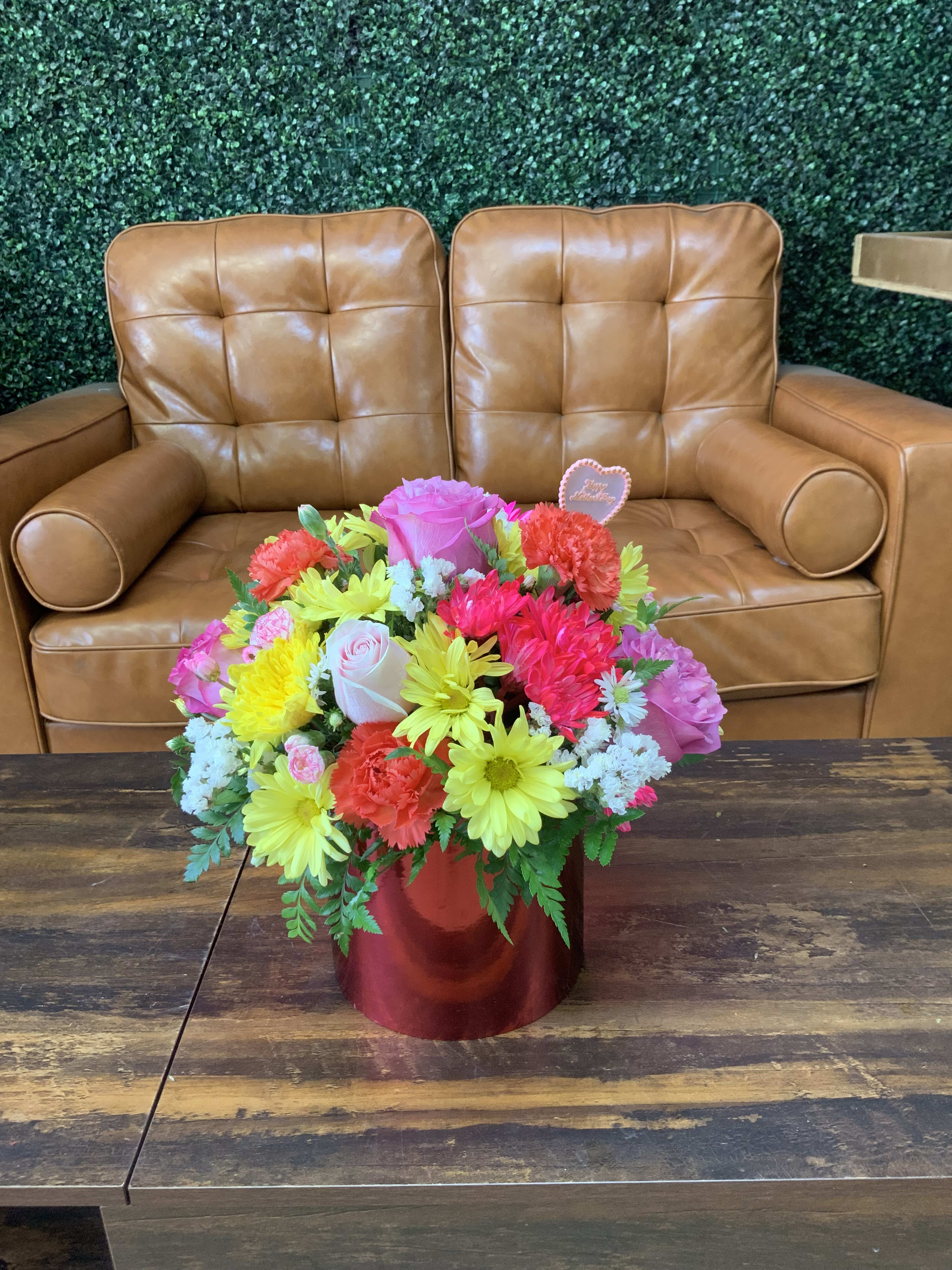 Dazzling Mom - Dazzling metallic cylinder container with lilies, hydrangeas, roses, and other beautiful flowers. Perfect for Mother’s Day  