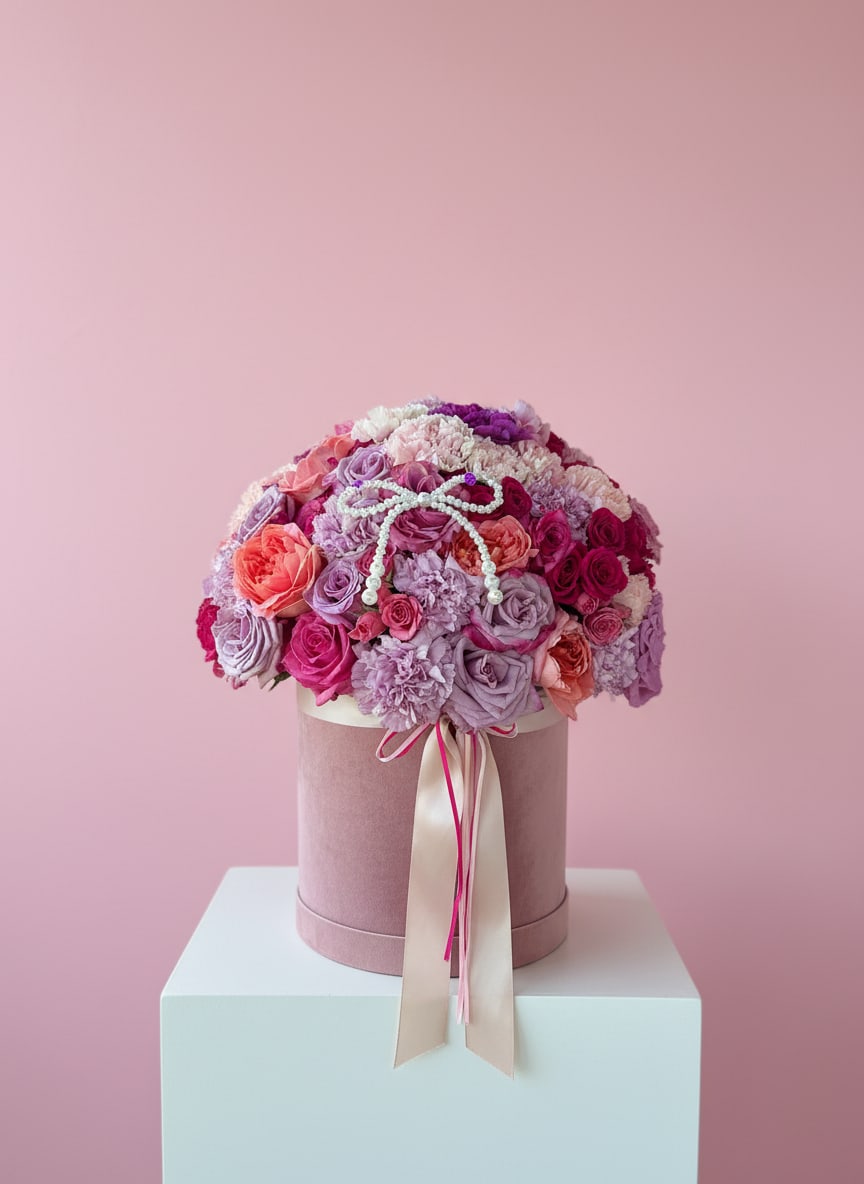 Pink Sugar Hat Box  - A luxe pink and lavender floral hat box with pearl accents and cascading ribbons 