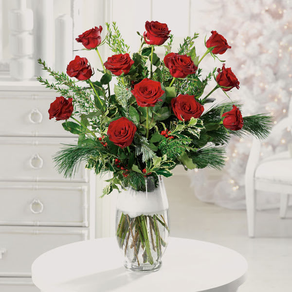 Holiday Roses - 12 Red Roses With Evergreens