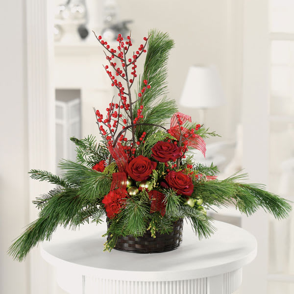Red Rose Pine Basket - Red roses, berries and pine boughs in a basket. Perfect For Any Table.