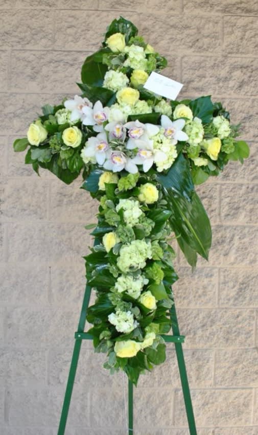 Luxury Greens Cross - A variety of foliage and green orchids.