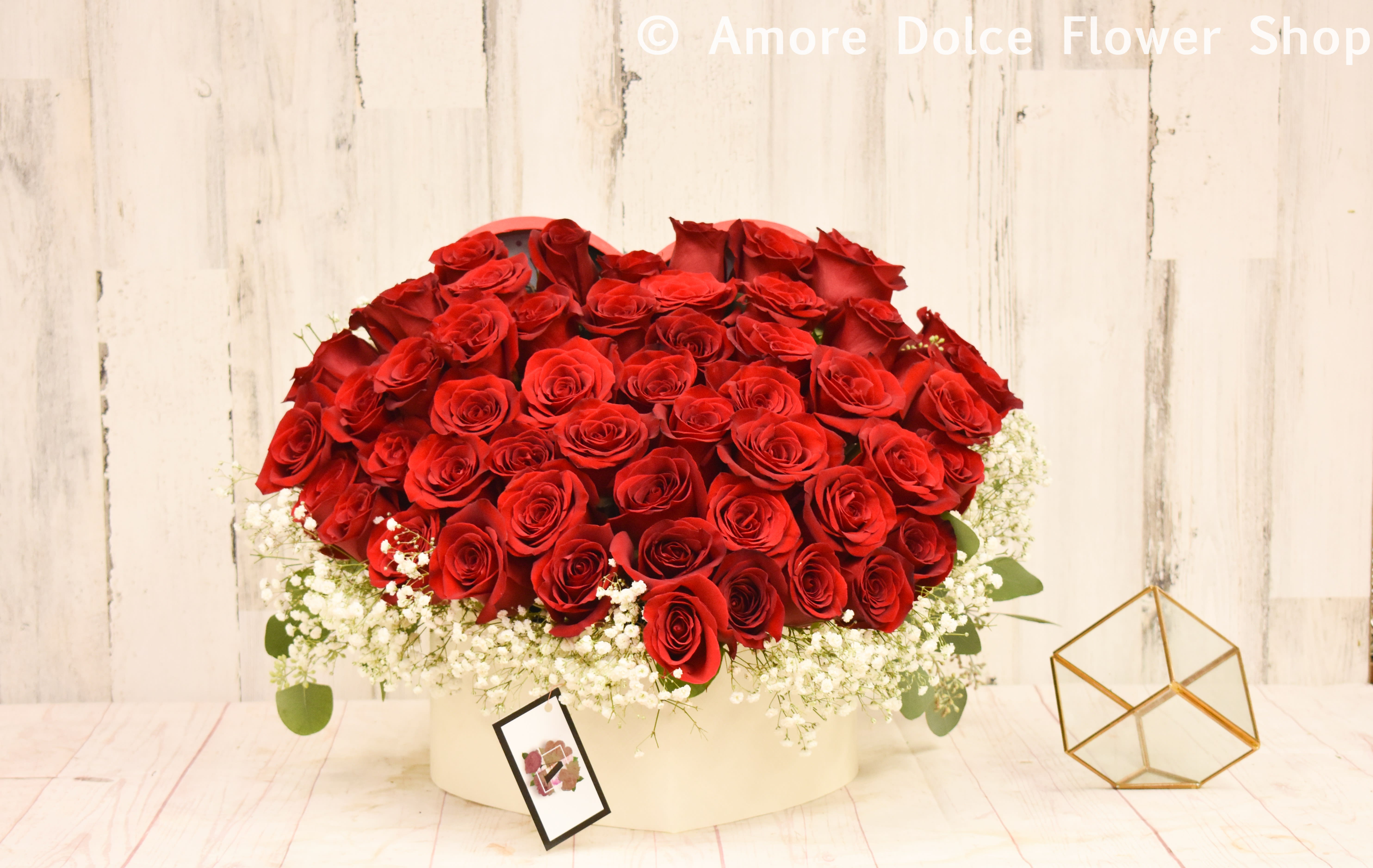 Heart box of love  - A  Beautiful arrangement  In a heart shape box with only the most  exquisite Ecuadorian roses. This  arrangement  Holds 50 roses total             Flower delivery montebello ,Whittier,Pasadena,Downey,Pico Rivera,la habra,downtown ,los angles 