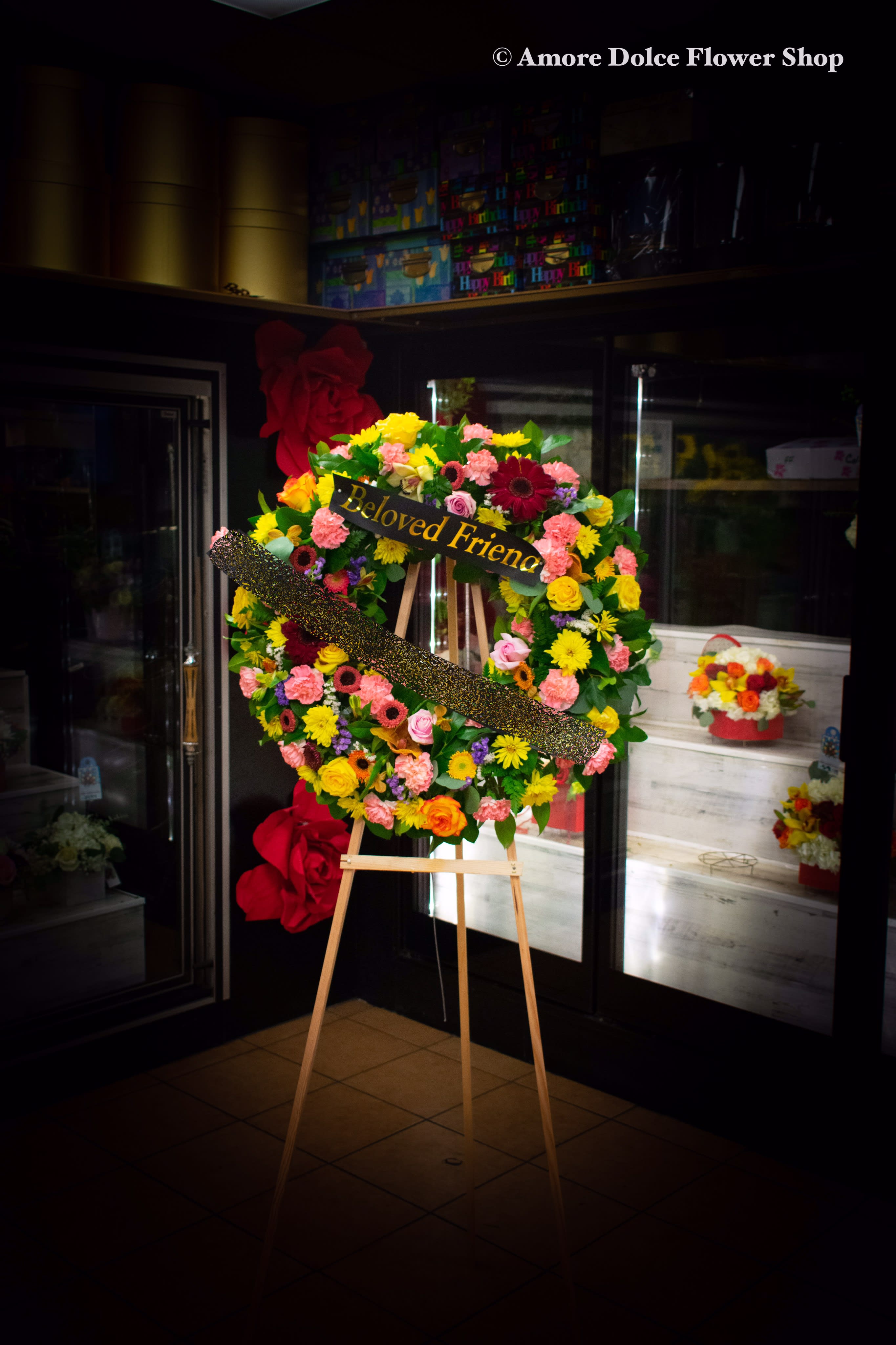 Sunny sympathy  wreath 27  - The wreath will be made similar to photo if you would like to add a ribbon there’s additional cost   Flower delivery montebello ,Whittier,Pasadena,Downey,Pico Rivera,la habra,downtown ,los angles  