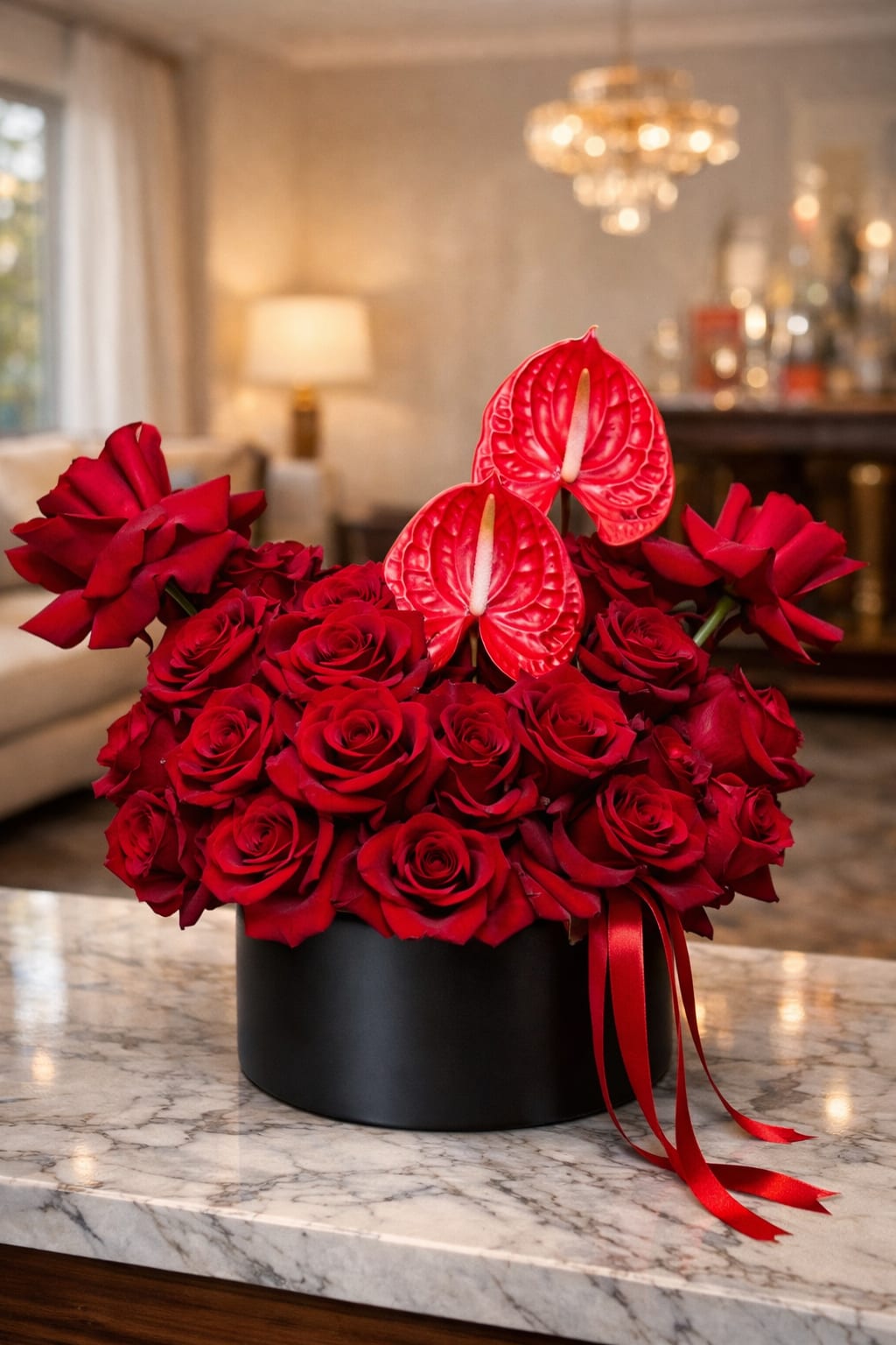 Red roses and red anthuriums arranged in a black box with ribbon
