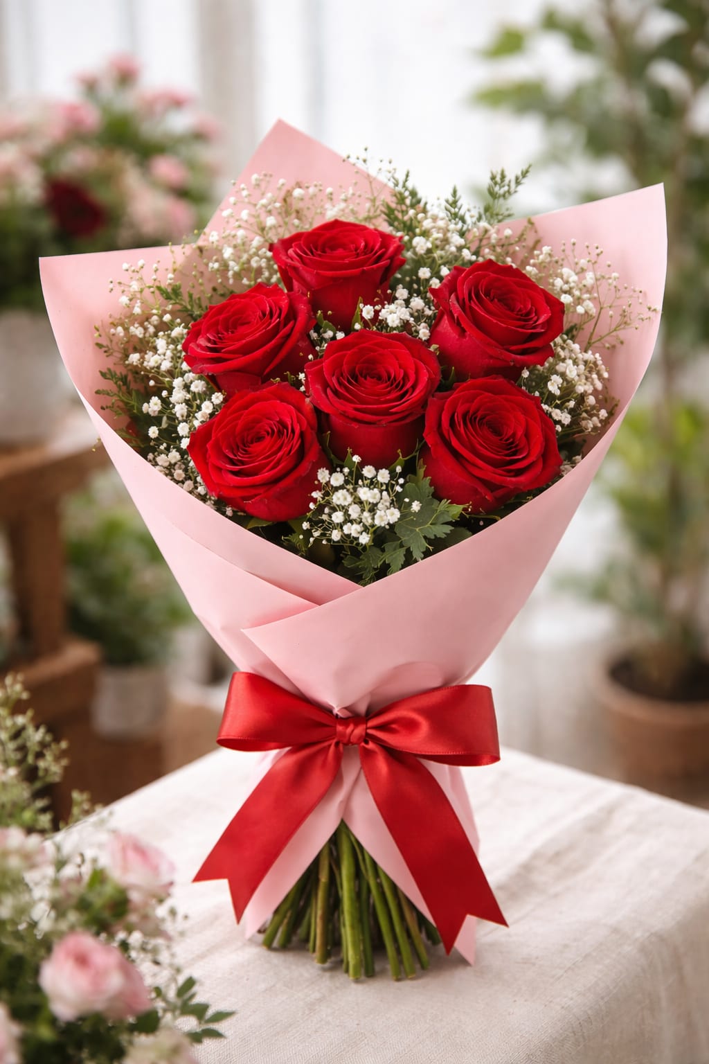 Bouquet of red roses wrapped in pink paper with a red ribbon