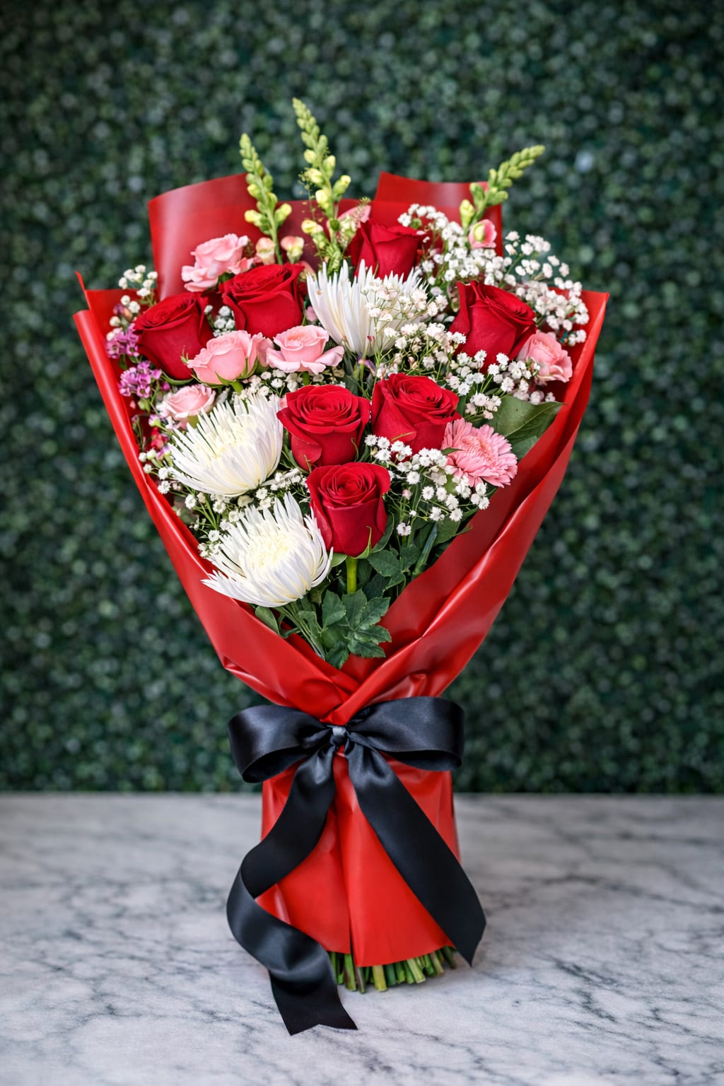 Bouquet of red and pink roses with white blooms wrapped in red paper