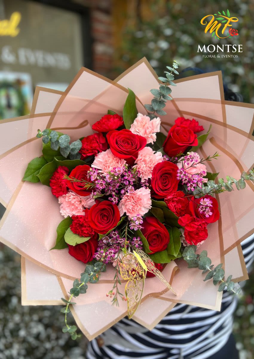 fantasia  - beautiful hand tie bouquet with 8 roses , 8 pink carnation , 8 red carnation, wax and baby eucalyptus   