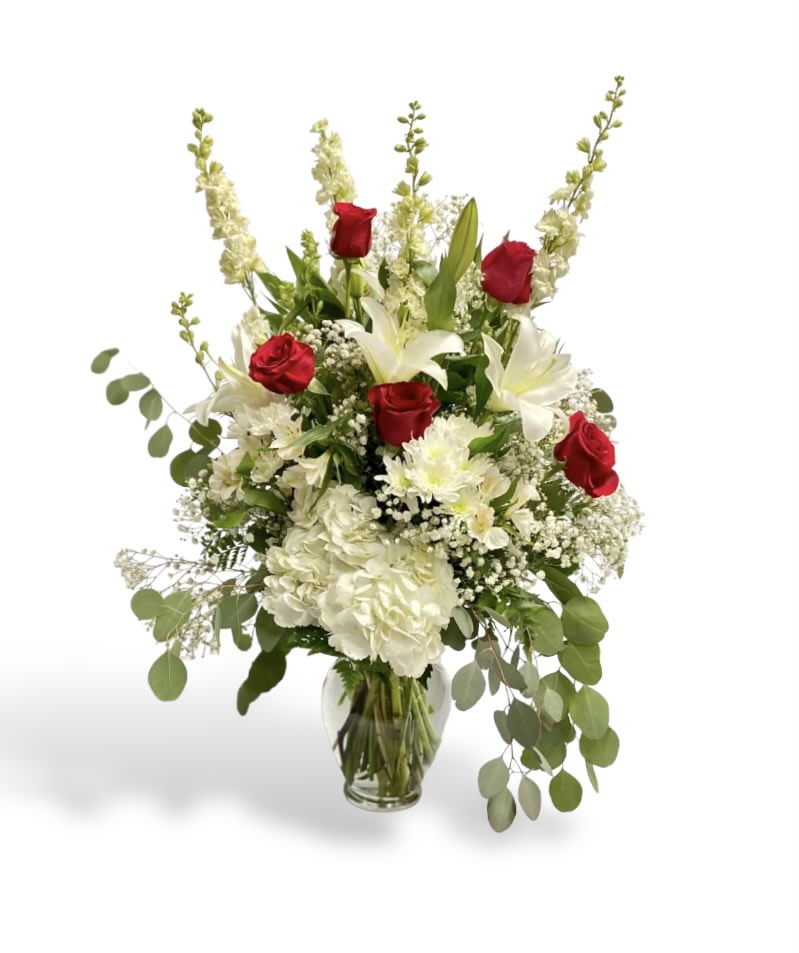 LASTING LOVE BOUQUET  - Yes large clear glass vase filled to the top over brimming with beautiful red and white flowers truly one of the best ways to say I love you