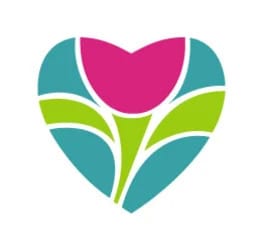 Stylized heart-shaped floral logo in pink, teal, and green on a white background