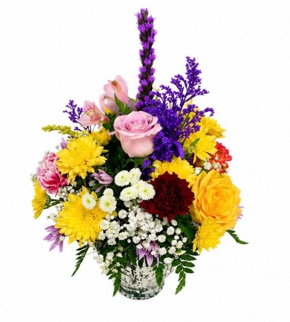 SPRING BOUQUET  - Silver glass bowl with mix of beautiful assorted flowers and foliage
