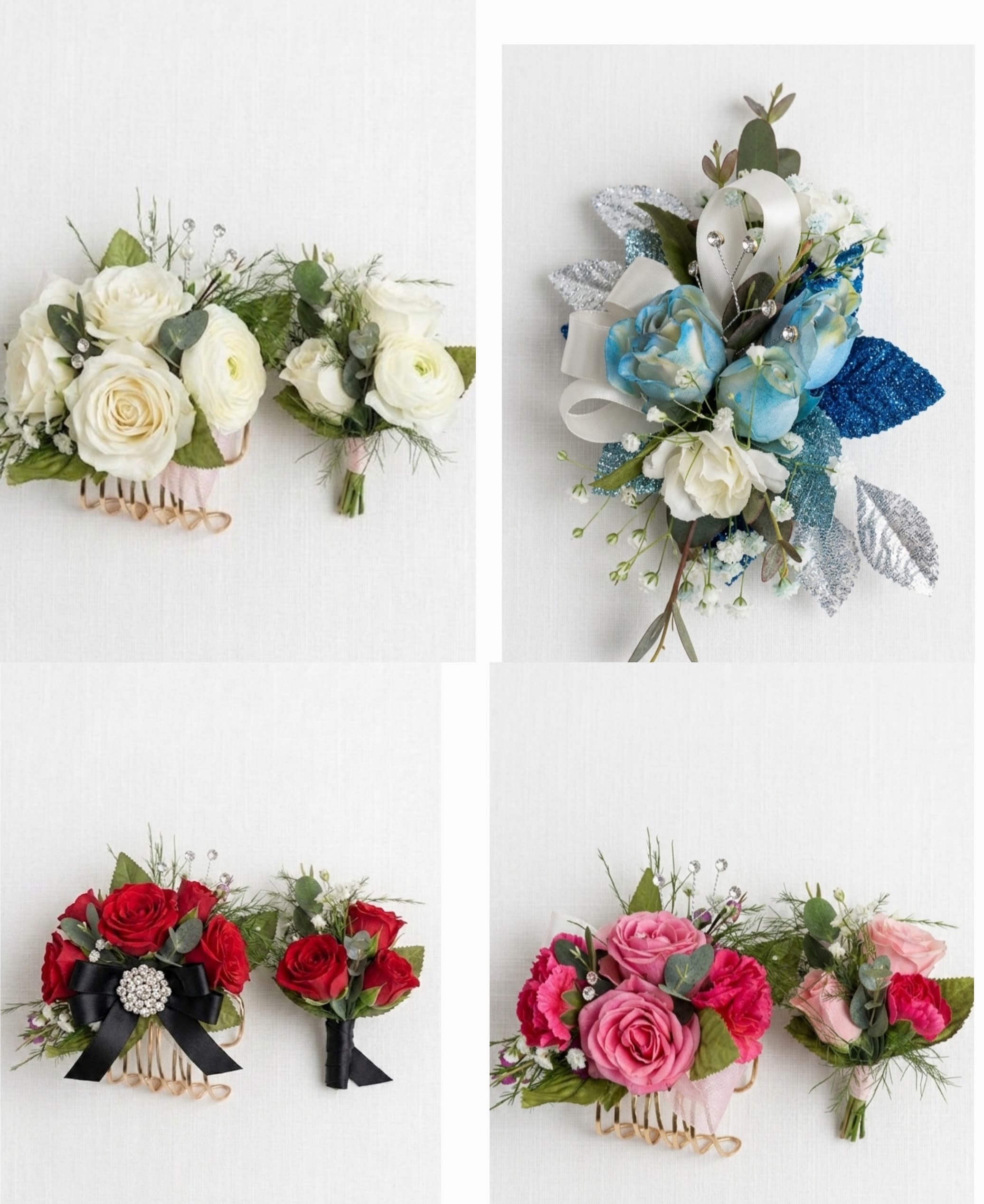 corsage and boutonniere -  Make a special occasion even more memorable with our hand-designed corsage and boutonniere pairing. Each is made with carefully chosen white spray roses complemented with baby’s-breath and greenery. (Choose the color of your preference(any color) and let us know in the instructions.)