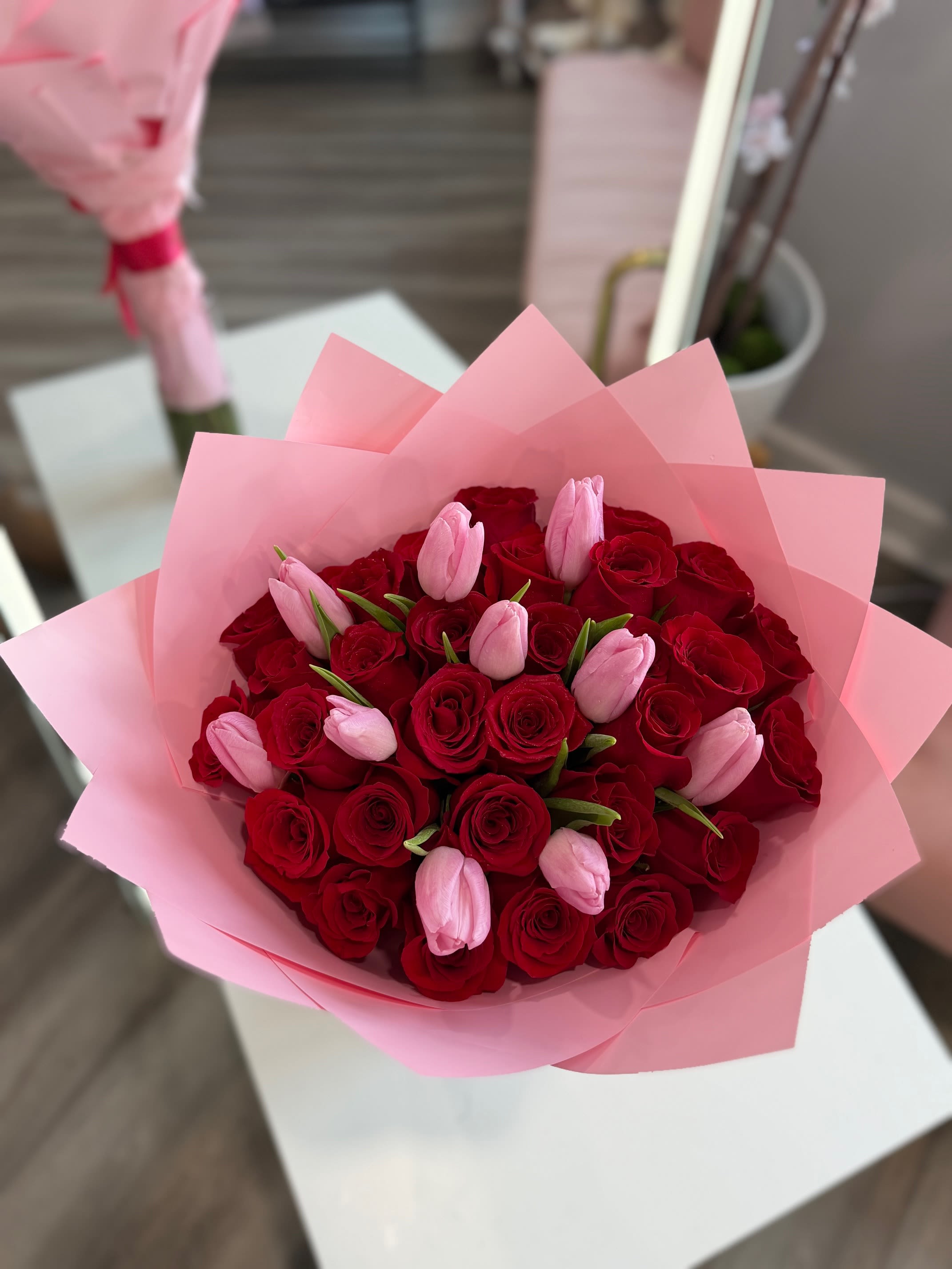 Tulips Love  - Perfect combination of red roses and tulips  STANDAR 20 &amp; 10 TULIPS  DELUXE 30 ROSES AND &amp; 10 TULIPS 