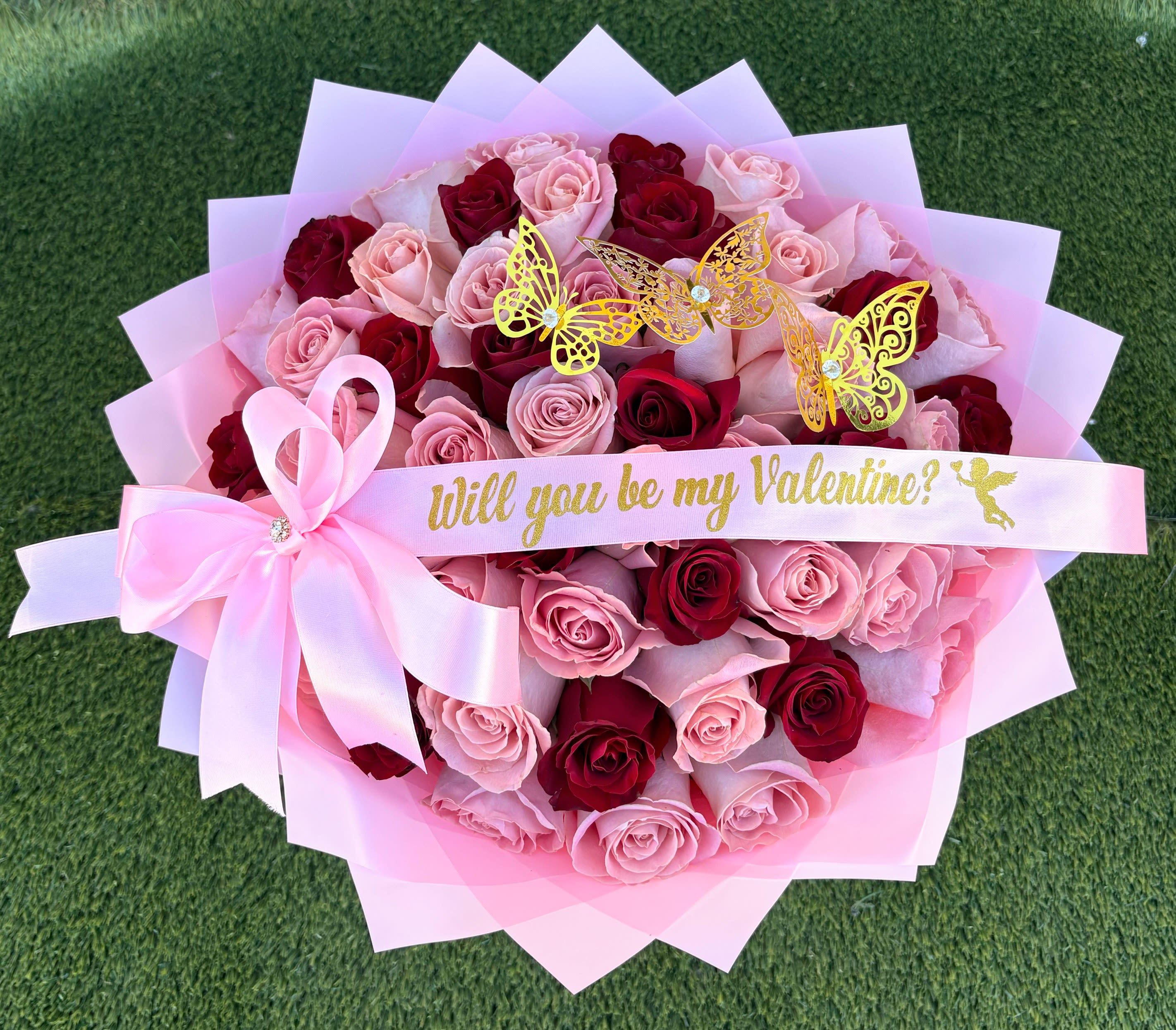 Will you be my Vallentine? Pink &amp; Red Celebration - 36 pink roses, 12 red roses, beautiful butterflies, and a personalized ribbon, wrapped in pink paper.